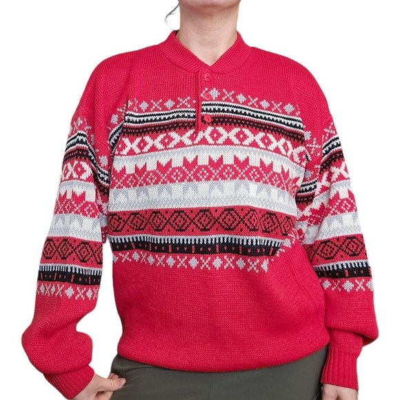 Vintage Other - 90s Dad Henley Sweater Red Fair Isle Nordic‎ Pulliver M/L Retro Snowflake SKI